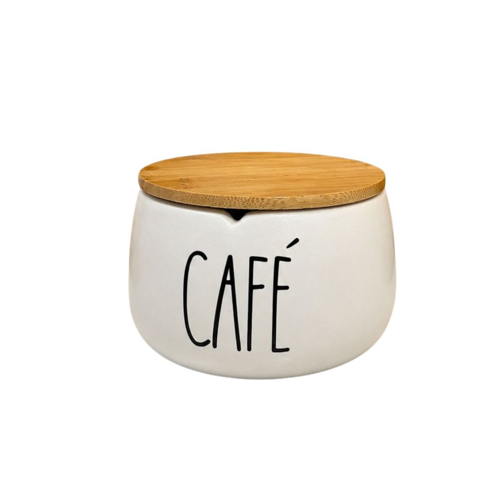Porta Café em cerâmica com Tampa de Bambu Chique minimalista